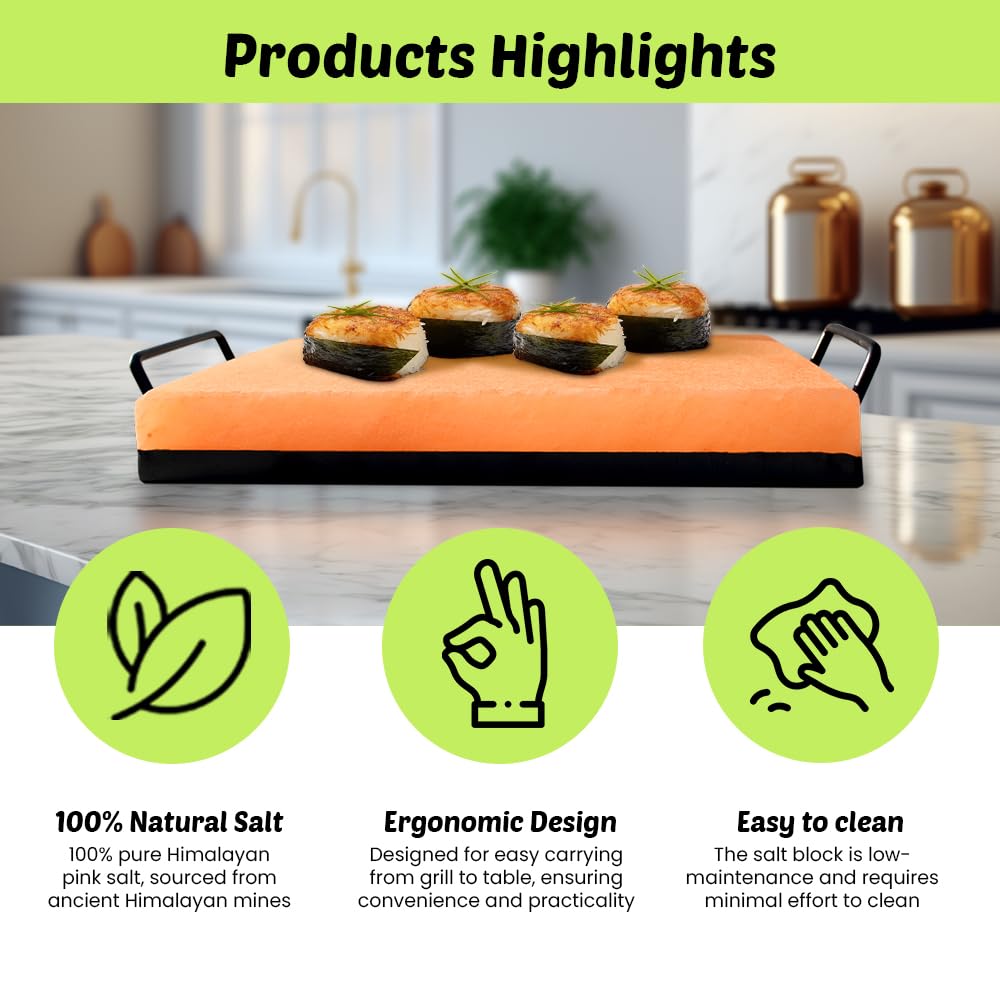 POHS Himalayan Salt Block Cooking Plate 12x8x1.5 for Cooking, Grilling, Cutting and Serving, with Metal Tray & Recipe Booklet Unique Gifts for Men