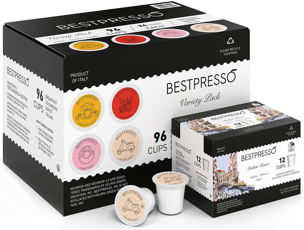 Bestpresso Coffee, Variety Pack Single Serve K-Cup Pods, 96 Count. Includes Breakfast, Colombian, Donut and Italian (Compatible With 2.0 Keurig