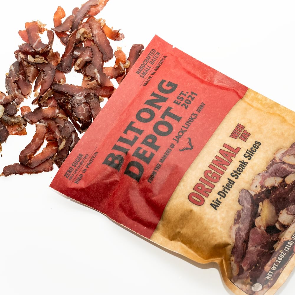 Biltong Depot Original Beef Biltong Slices with Fat - 1lb (16oz) | Air-Dried Beef Jerky Snack | High Protein | Zero Sugar | Keto & Paleo Friendly |