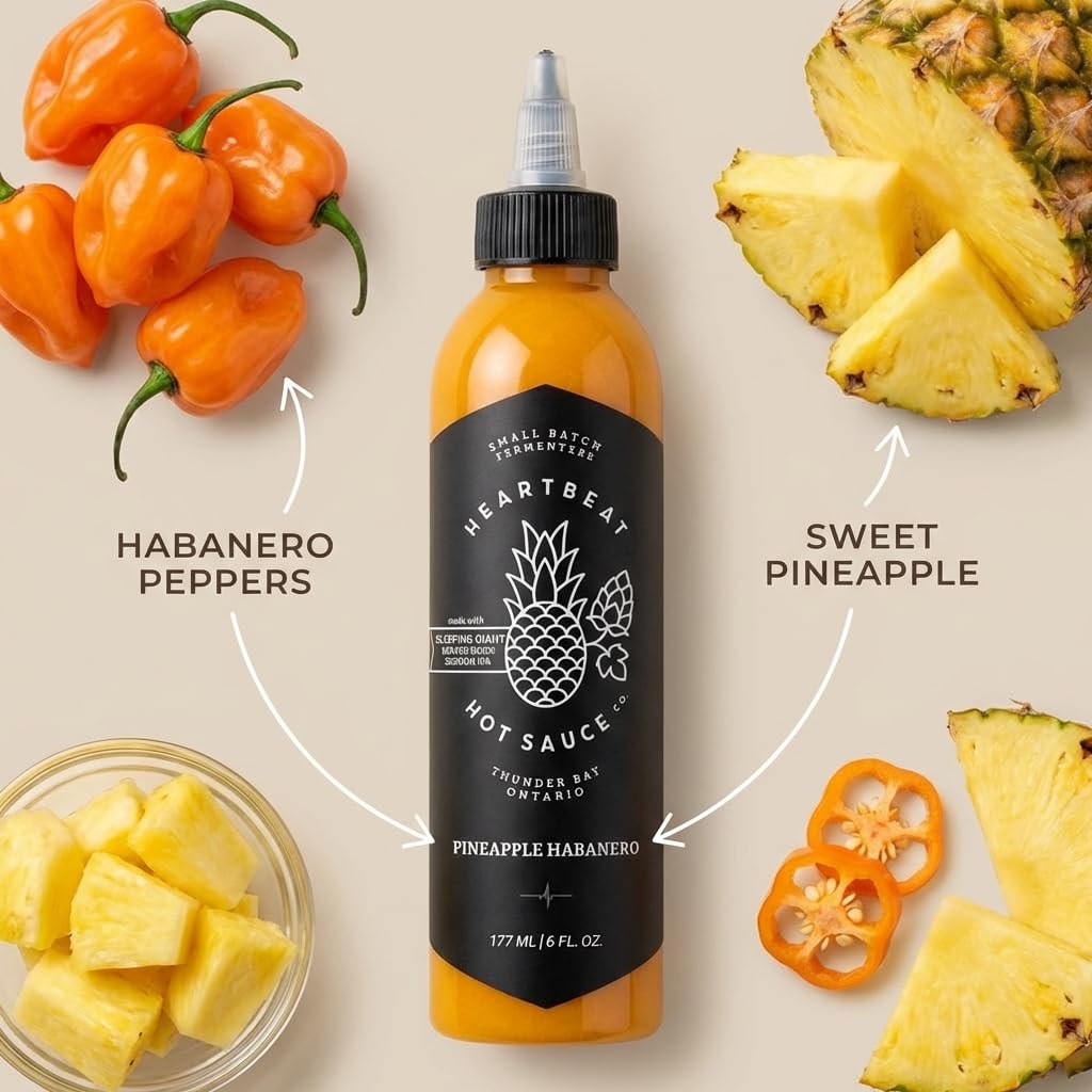 Heartbeat Hot Sauce Pineapple Habanero - (Pack of 3, 6oz ) Bottles - Habanero Hot Sauce for Cooking and Dipping - Hot Ones Hot Sauce Inspired Flavor
