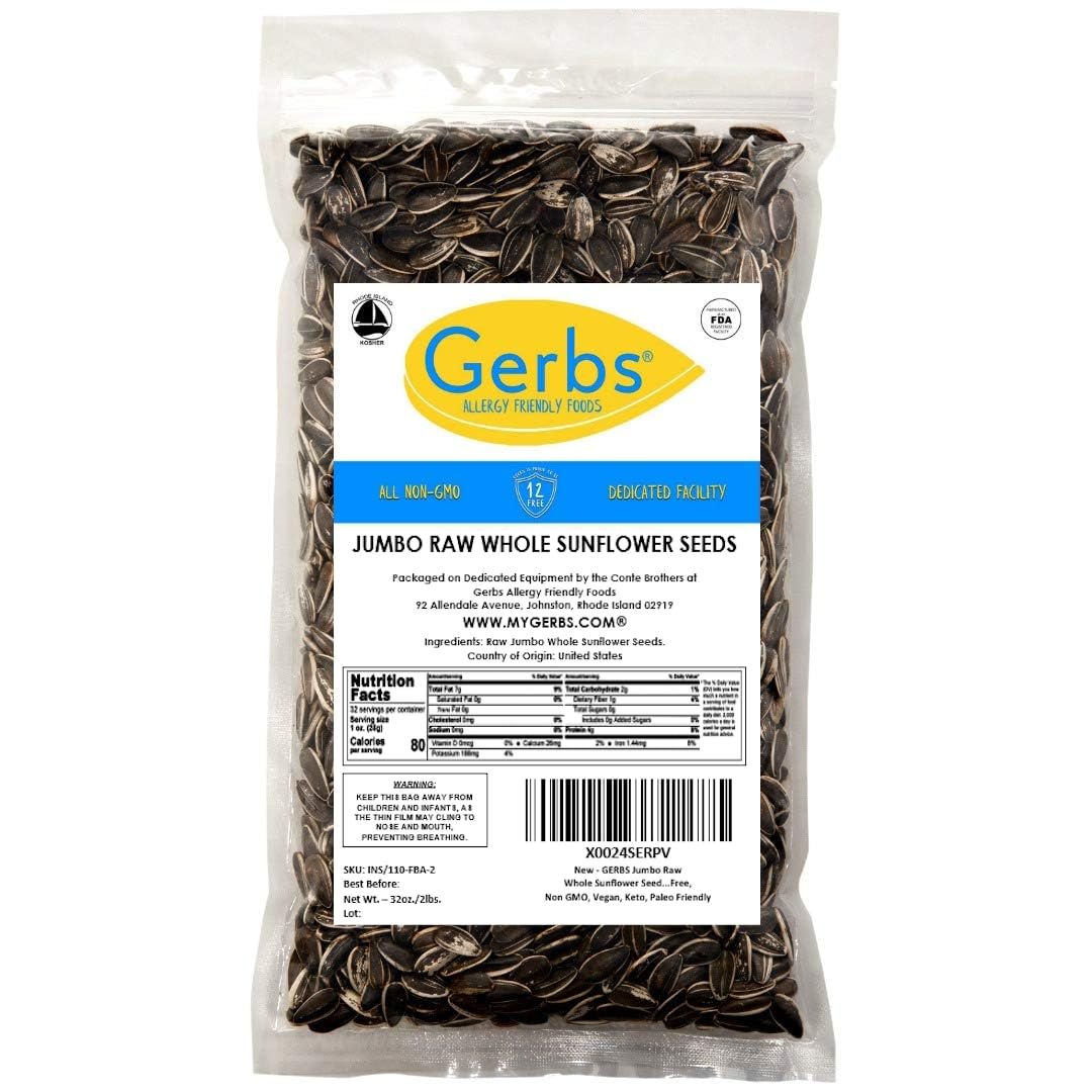 Gerbs Jumbo Raw Whole Sunflower Seeds 2 lbs. | No Artificial Additives, Shell-On, Resealable Bag | Crack-and-Eat Crunchy Snack | Top 14 Allergen-Free