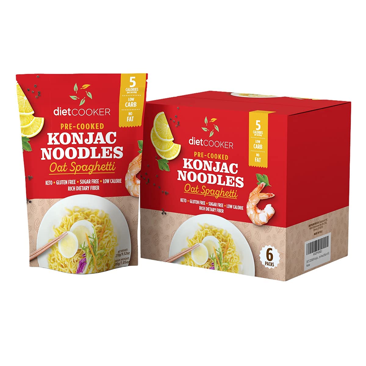(Pack of 6) DIET COOKER Premium Konjac Noodles, Shirataki Noodle, Keto & Vegan Friendly, Odor Free, Low Calorie Pasta, Zero Net Carbs, Healthy Diet