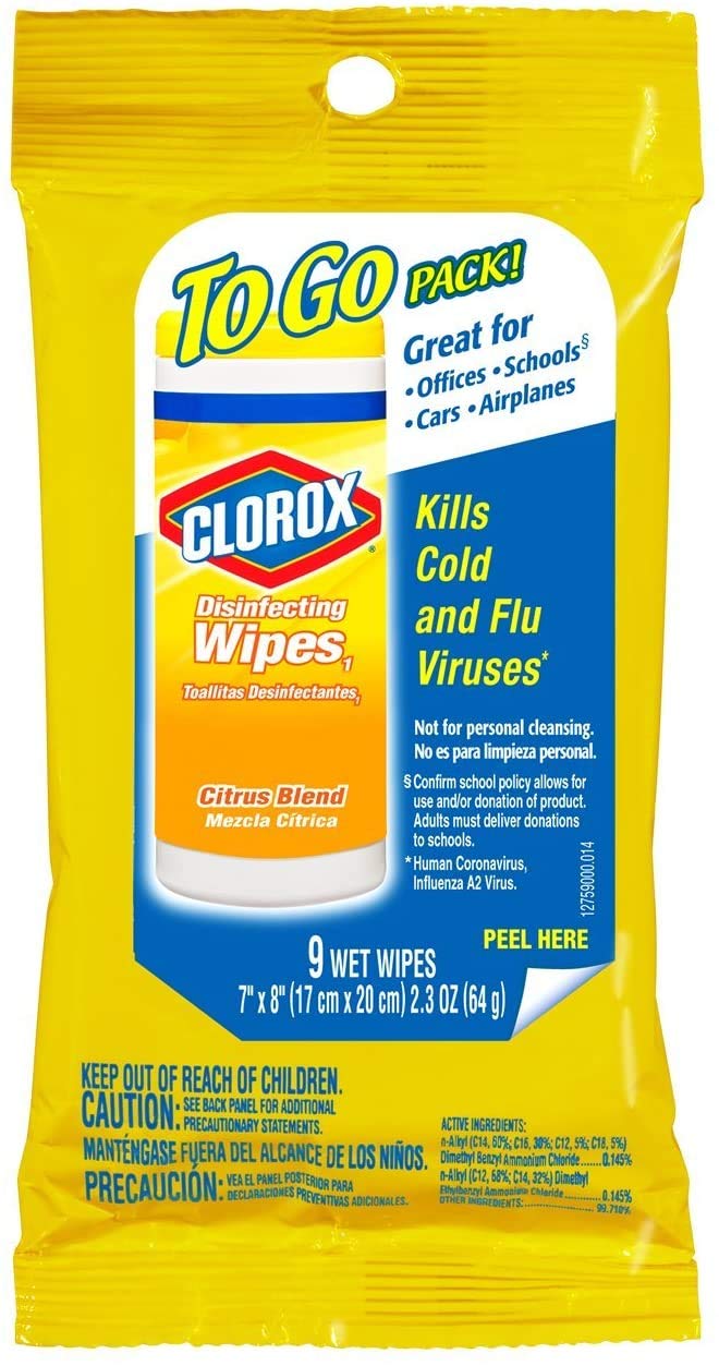 Clorox 30666 to Go Pack Disinfecting Wipe, Lemon Fresh Scent (9 Count) Pack of 24