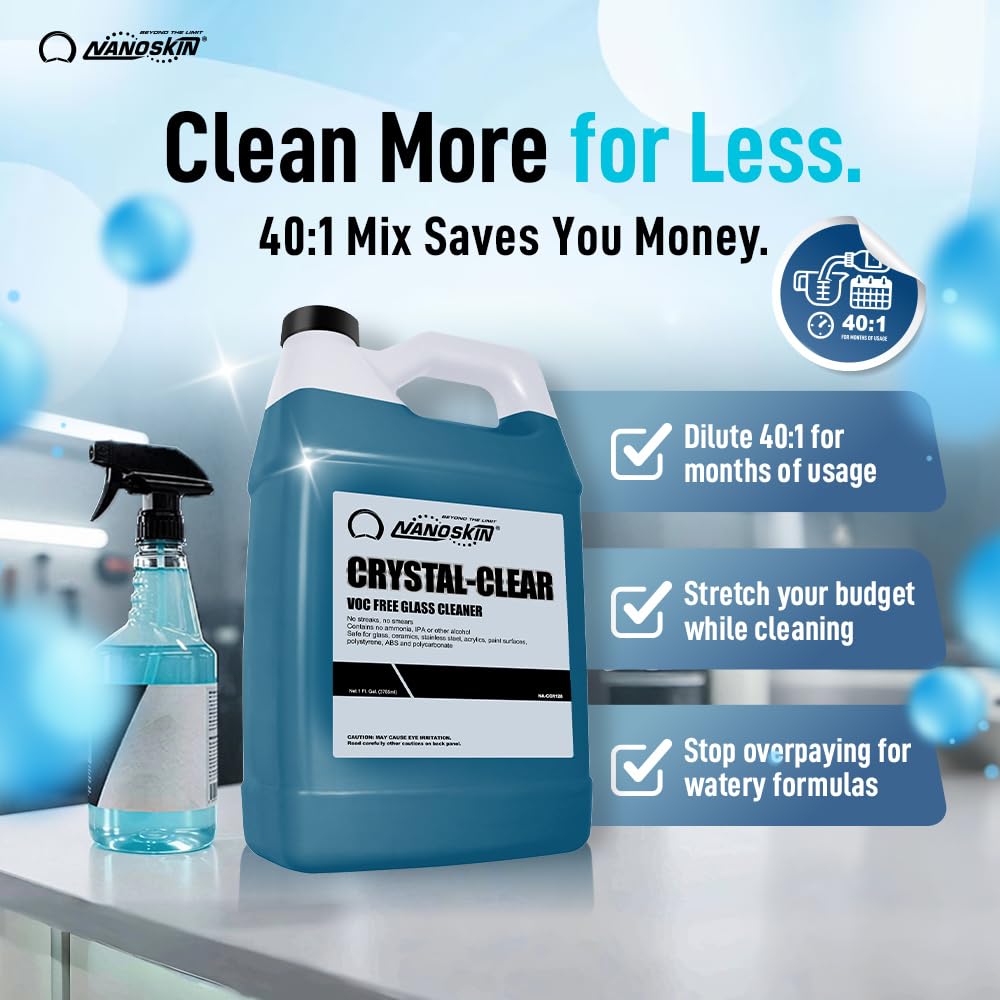 Nanoskin CRYSTAL-CLEAR VOC-Free Glass Cleaner 1 Gallon - Ultra-Concentrated, Eco-Friendly, Streak-Free Finish | Versatile Use for 40:1 Dilution |