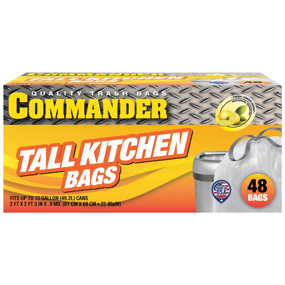 Commander 13 Gallon 0.9 MIL Lemon Tall Kitchen White Drawstring Trash Bags - 24" x 27" - Pack of 48 - for Home, Kitchen, & Office