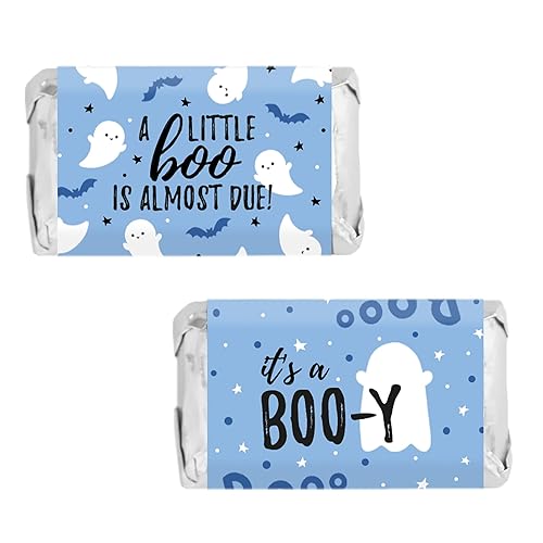 Blue A Little Boo is Almost Due Boy Baby Shower Mini Candy Wrappers, Halloween Baby Shower Party Favor Candy Stickers - 42 Count