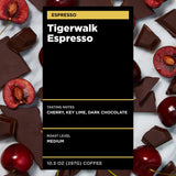Equator Coffees, Tigerwalk Espresso, Fine Ground Coffee, Medium Roast, Fresh Roasted, Cherry, Chocolate, Strawberry and Lemon Flavor Notes