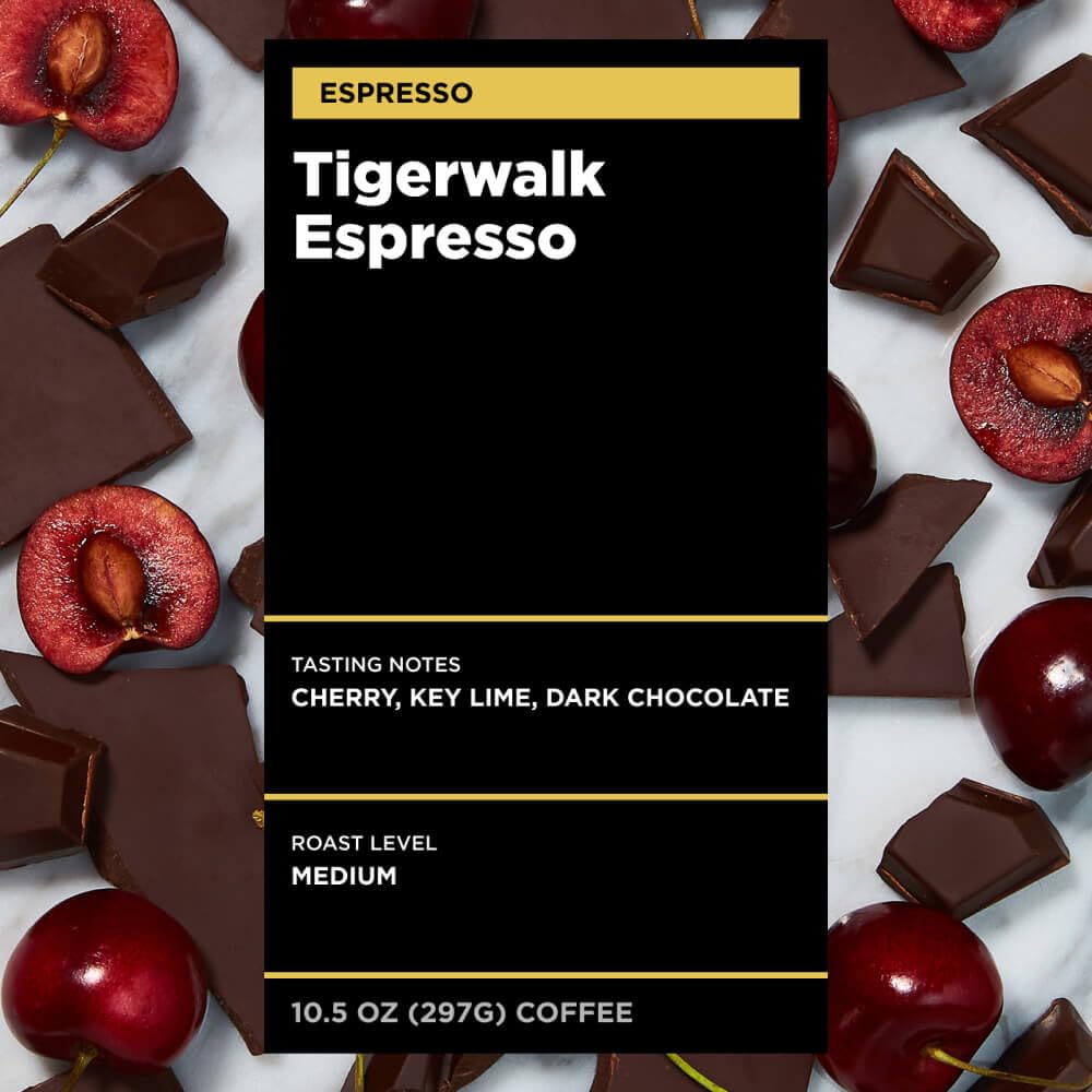 Equator Coffees, Tigerwalk Espresso, Fine Ground Coffee, Medium Roast, Fresh Roasted, Cherry, Chocolate, Strawberry and Lemon Flavor Notes