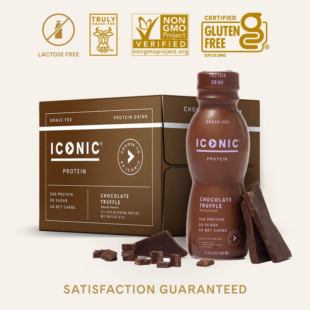 Iconic Protein Drinks, Chocolate Truffle (12 Pack) - Sugar Free & Low Carb - 20g Grass Fed Protein - Lactose Free, Gluten Free, Non-GMO, Kosher - Keto