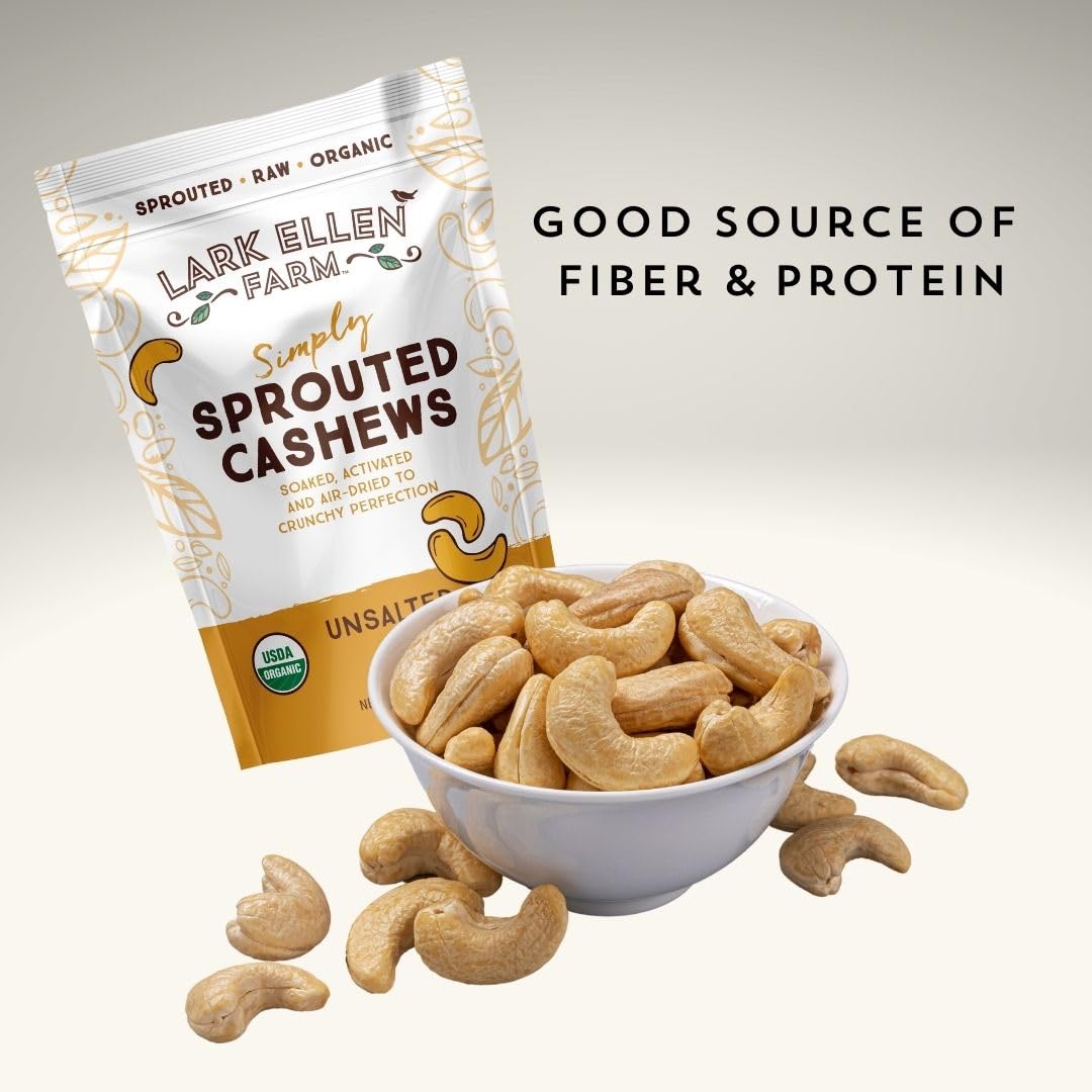 Lark Ellen Farm Unsalted Organic Raw Cashews, Sprouted, Air-Dried, Gluten-Free, Non-GMO, Vegan, Keto, Certified USDA, Peanut-Free Facility, Resealable