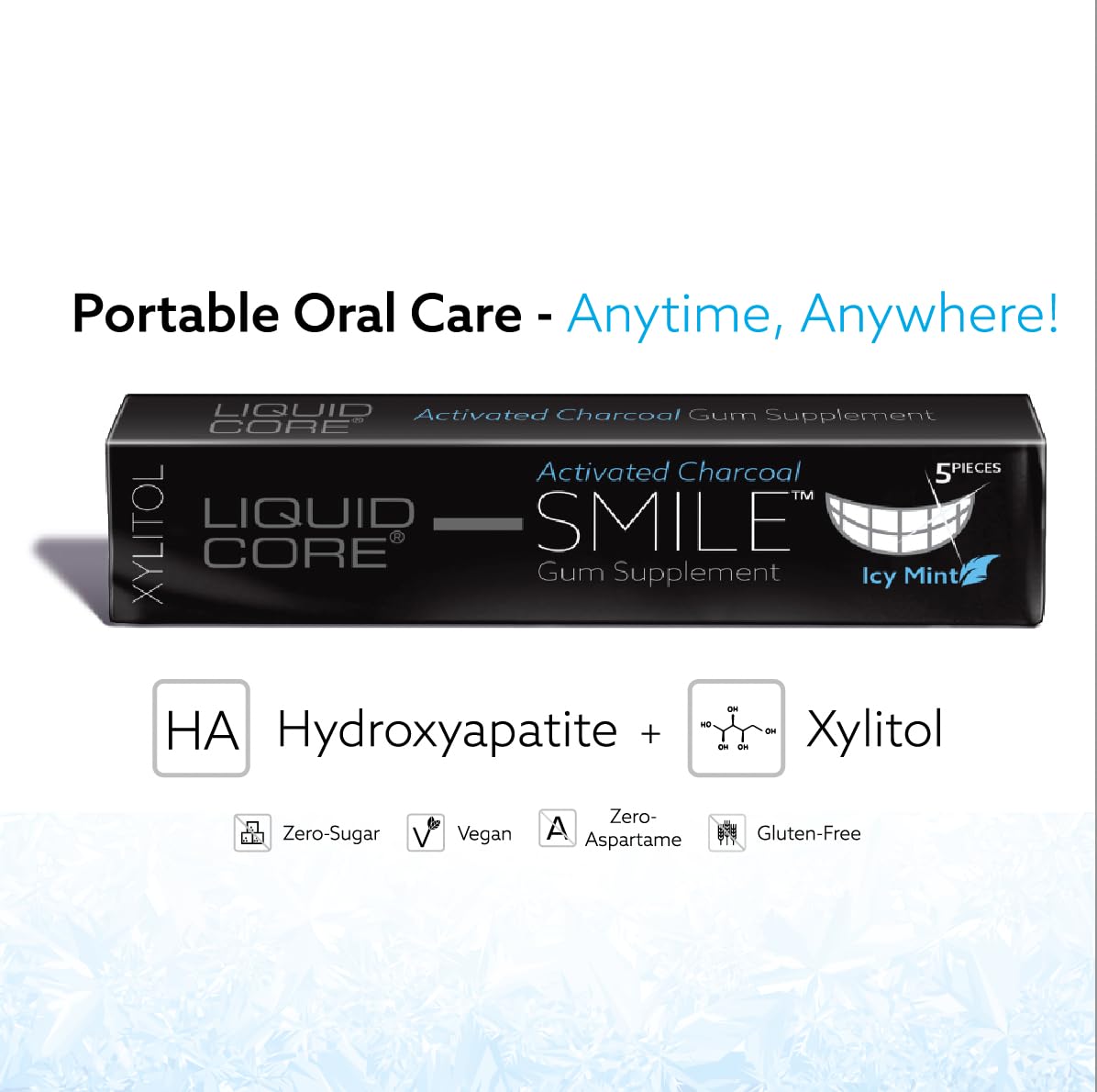 Liquid Core Smile Activated Charcoal Gum with MCT Oil, Hydroxyapatite, and Xylitol - Teeth Cleaning Gum, Icy Mint Sugar-Free Gum (15 Pack)