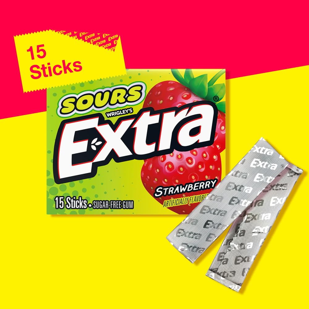 Extra, Sours Strawberry Sugar Free Chewing Gum Sour Candy Fruit Gum, 15 Stick Pack, 15 Count