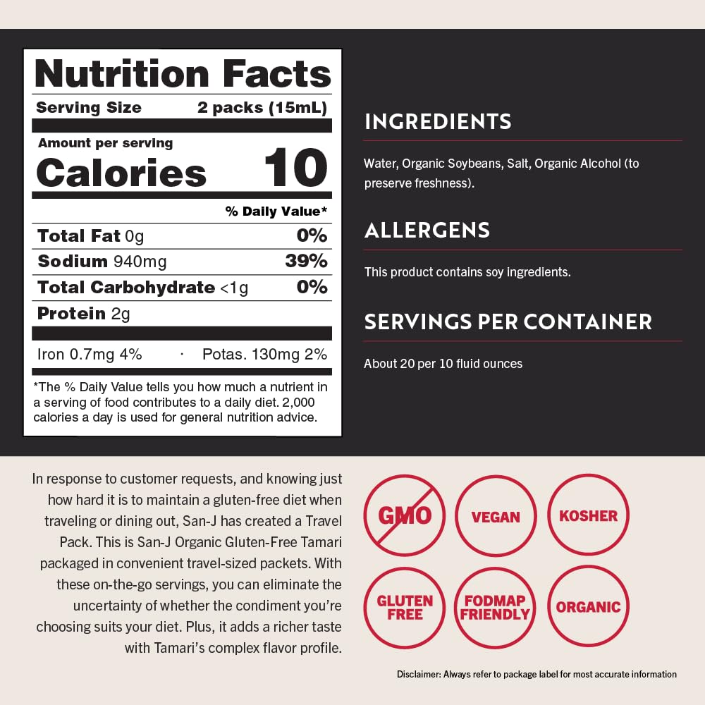 San-J Organic Tamari Soy Sauce, Gluten Free, Portion Packets, 1/4oz, 50 Pk