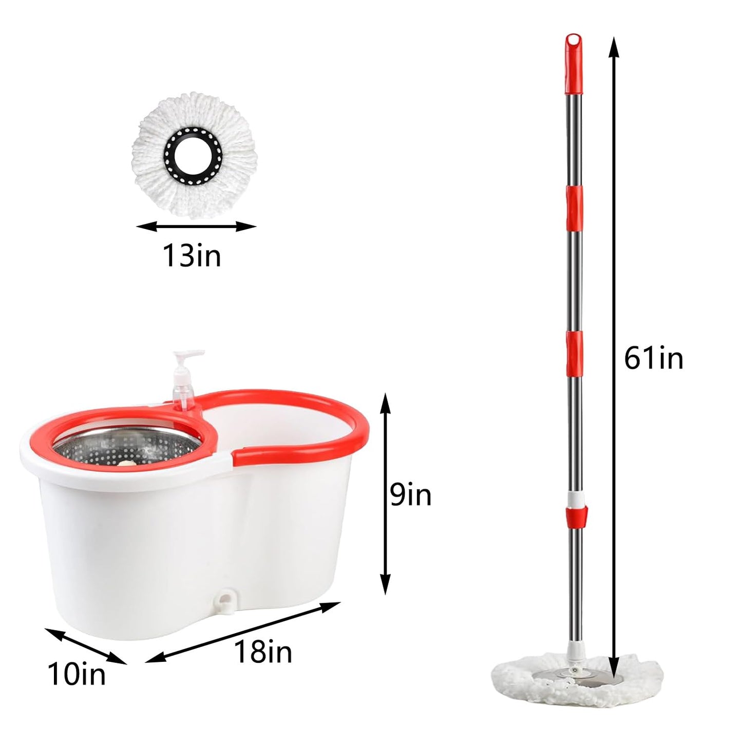Spin Mop and Bucket with Wringer Set,for Floor Cleaning,with Floor Scrub Brush,61" Adjustable Handle and 6 Microfiber Mop Head(White)