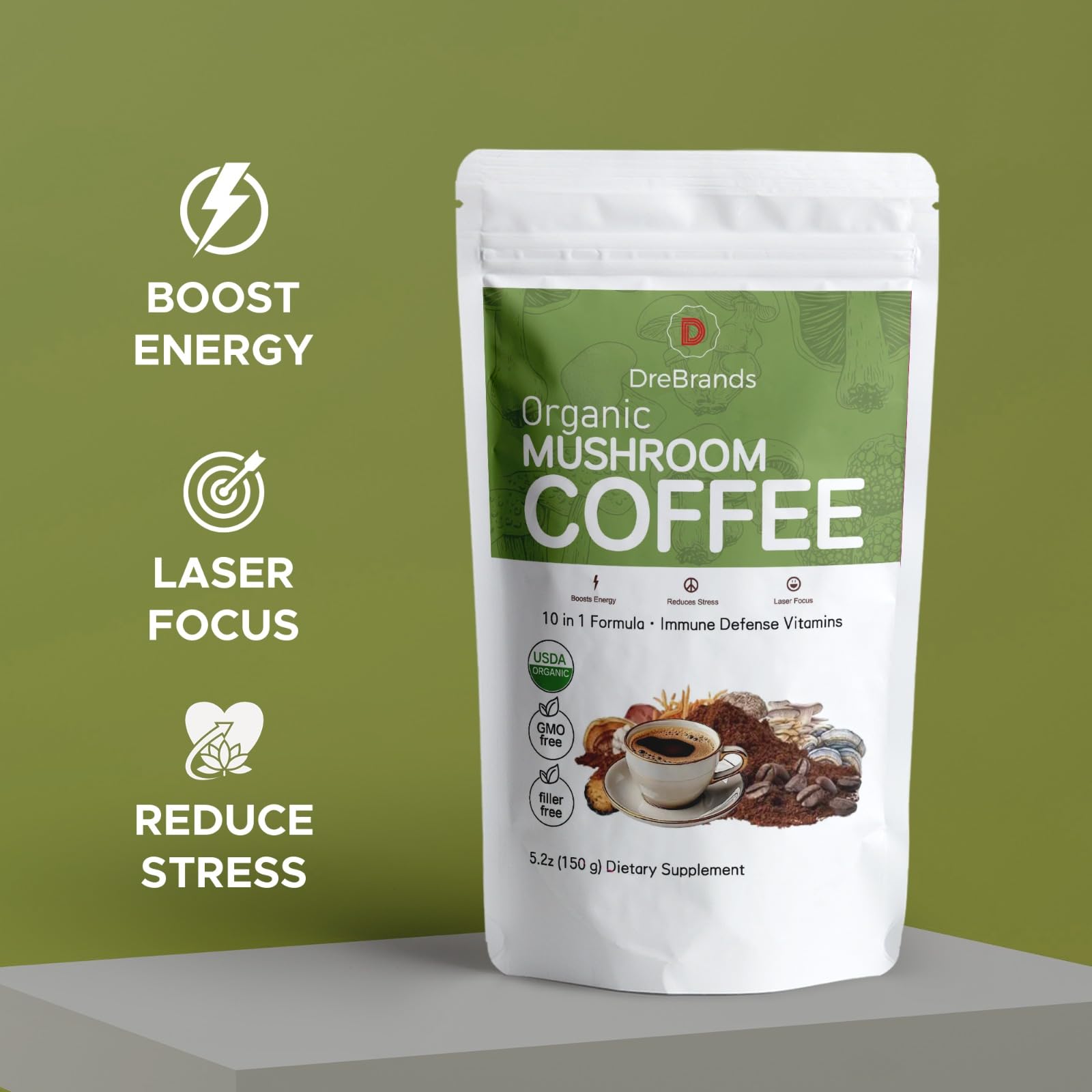 DreBrands Mushroom Coffee |10 in 1 Organic Mushrooms | USDA Organic | Instant Coffee | Wood Ear | Better Energy, Focus, Digestion, Immunity |