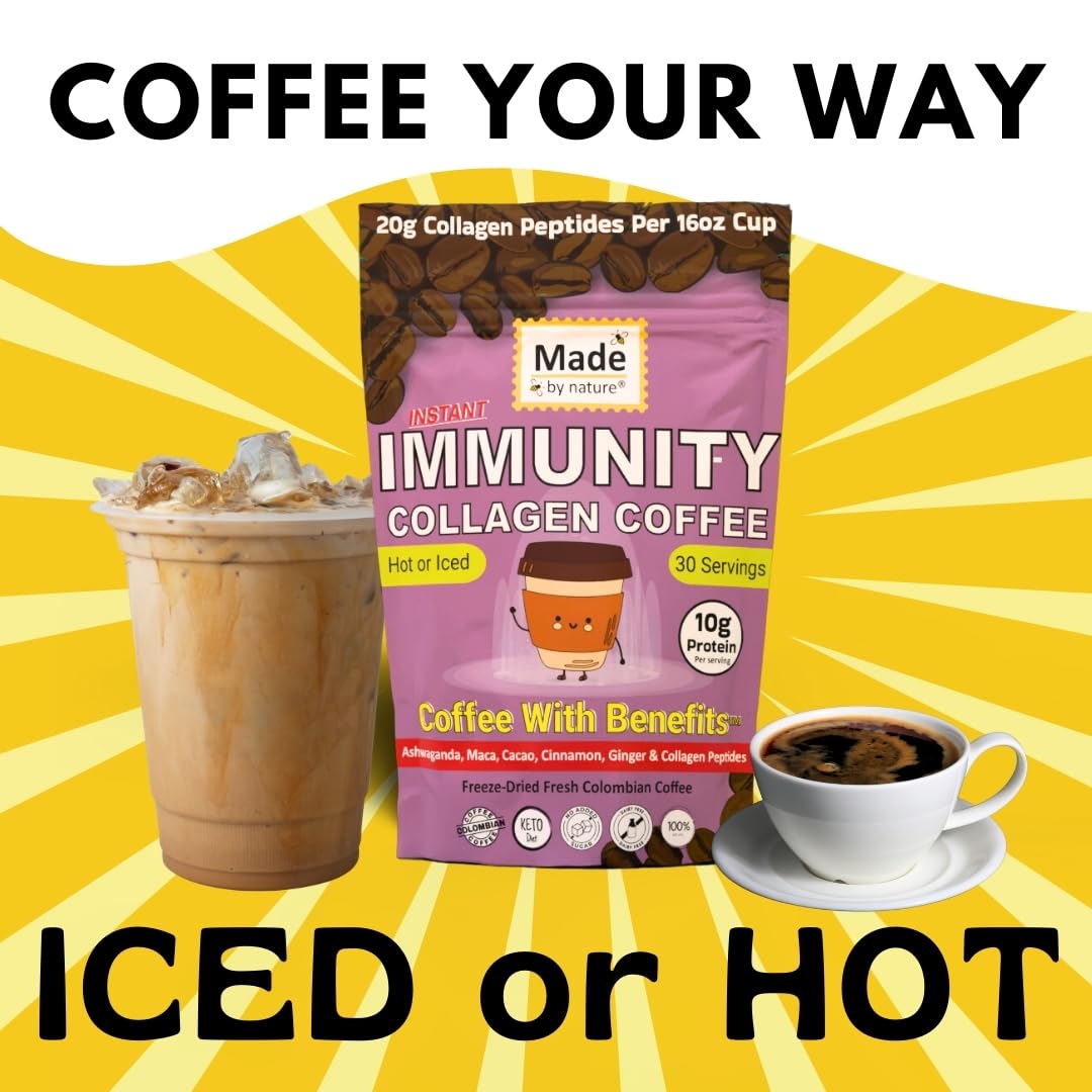 Made by Nature Immunity Collagen Protein Coffee | 30 Servings | Colombian Coffee | 10g Protein | Collagen Peptides | Skin, Joint, Muscle Support |