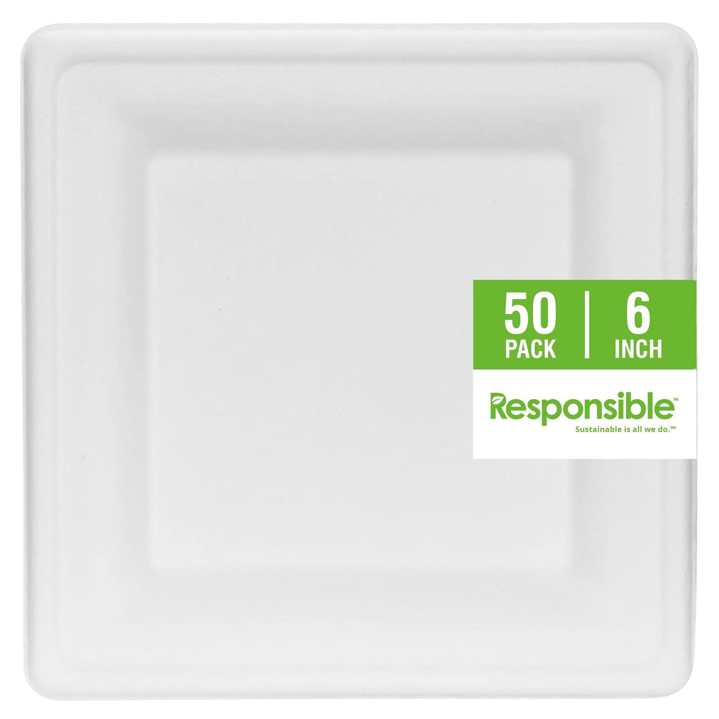 Responsible Products 100% Compostable 6 Inch Square Paper Plates White (50 Pack), Disposable Paper Plates Heavy Duty, Biodegradable & Eco-Friendly