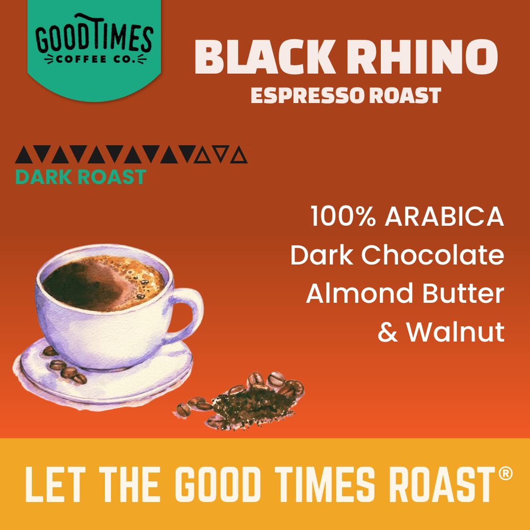 Good Times Coffee Co. Black Rhino Arabica Coffee Espresso Dark Roast, Whole Bean, Small Batch Artisan, 12 Ounce (Pack of 1)