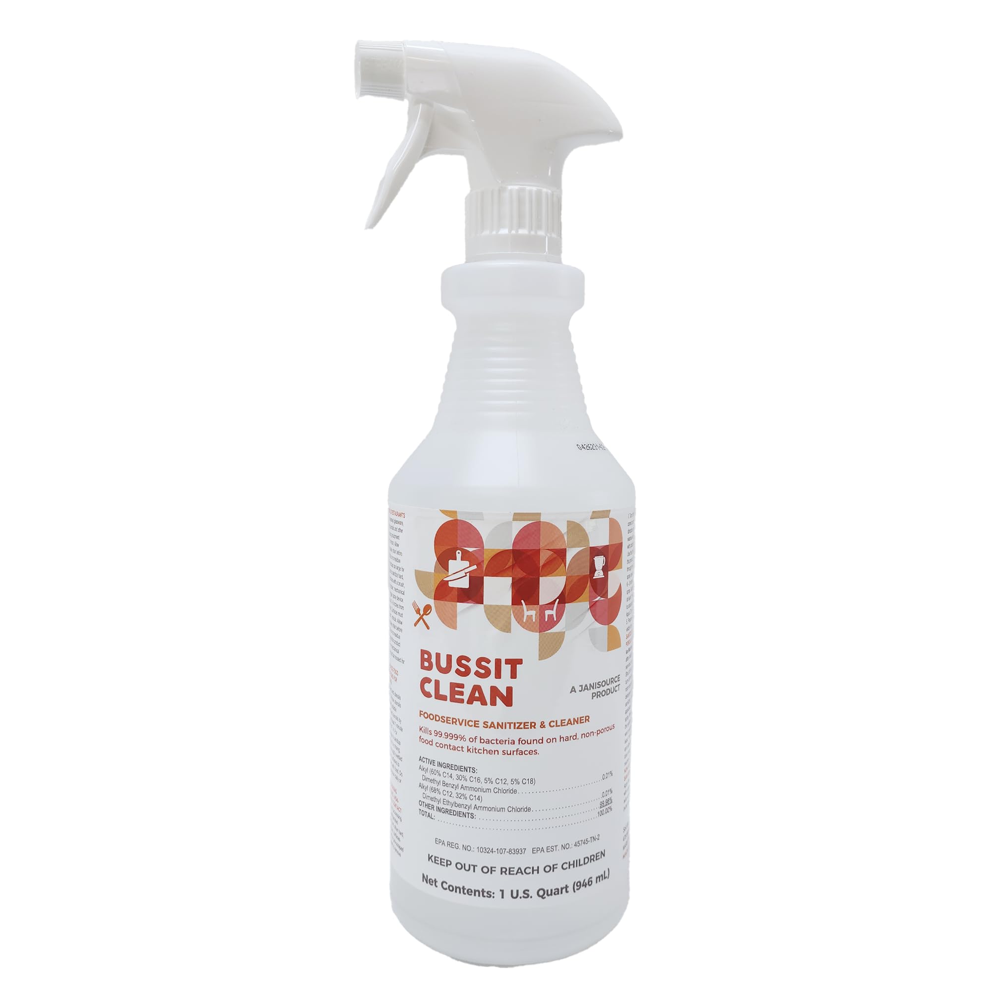 Jani-Source Bussit Clean Foodservice Surface Sanitizer & Cleaner, Spray and Wipe, Kills 99.9% of Kitchen Bacteria, 1 Quart (Each)