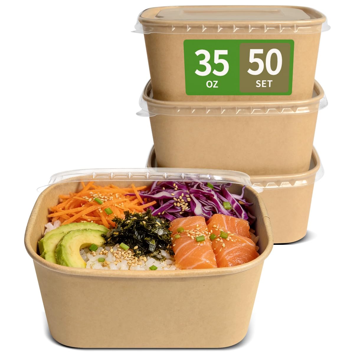 bloomoon 35 oz Paper Meal Prep Containers 50 Pack, Cardboard Food Containers with Lids for Lunch, Meal Prep Leftover Storage, Paper Togo Food