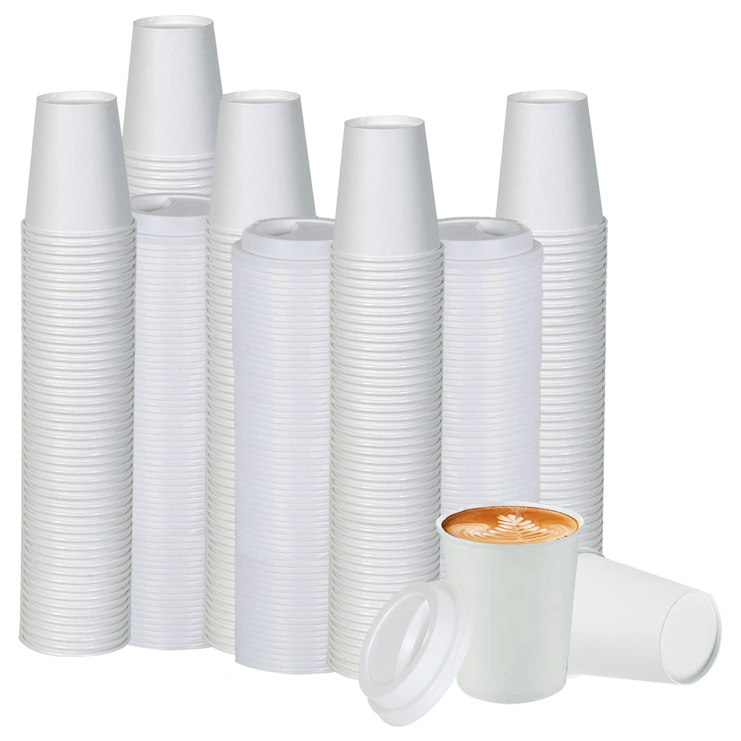Smygoods White Disposable Paper Coffee Cups with Lids (8 OZ, 100 Count) For Hot Beverages, Tea, Espresso, Cocoa - To Go Drink Containers, Café