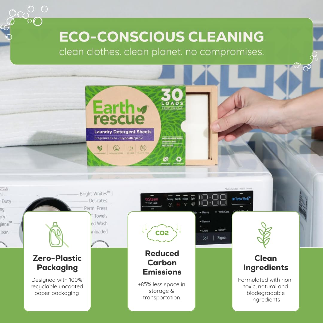 Earth Rescue Laundry Detergent Sheets - Up To 60 Loads (30 Sheets) - Unscented, Hypoallergenic, Concentrated Liquidless Dry Laundry Detergent, Ideal