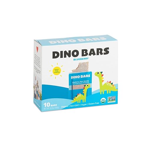 Dino Bars | Organic Fruit Bar for Kids | Organic Toddler Bars and Dinosaur Snacks | Fruit + Oats + Hemp Hearts with Edible Paper | Blueberry Kids Bar