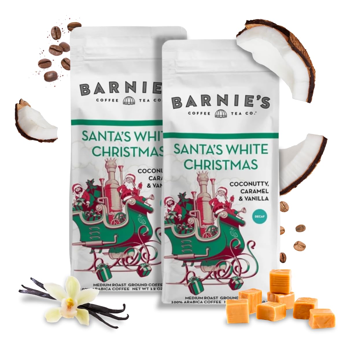 Barnie's Coffee Santa's White Christmas Decaf Ground Coffee with Coconut Sweet Caramel and Warm Vanilla Flavors, Medium Roasted Arabica Beans, 12 oz