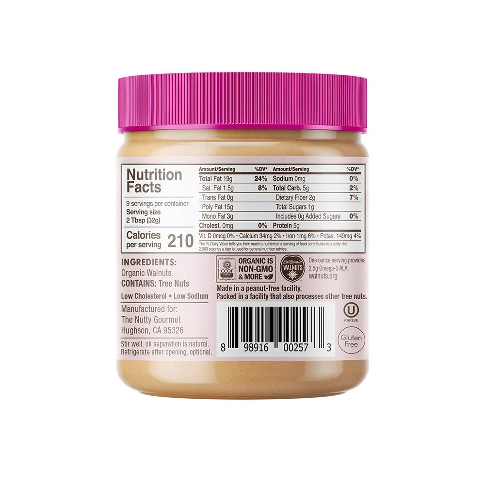 Nutty Gourmet Organic Walnut Butter - Raw Nut Butter - No Added Sugar - Unsalted - All Natural - Peanut Free - Vegan - California Grown Walnuts - Keto
