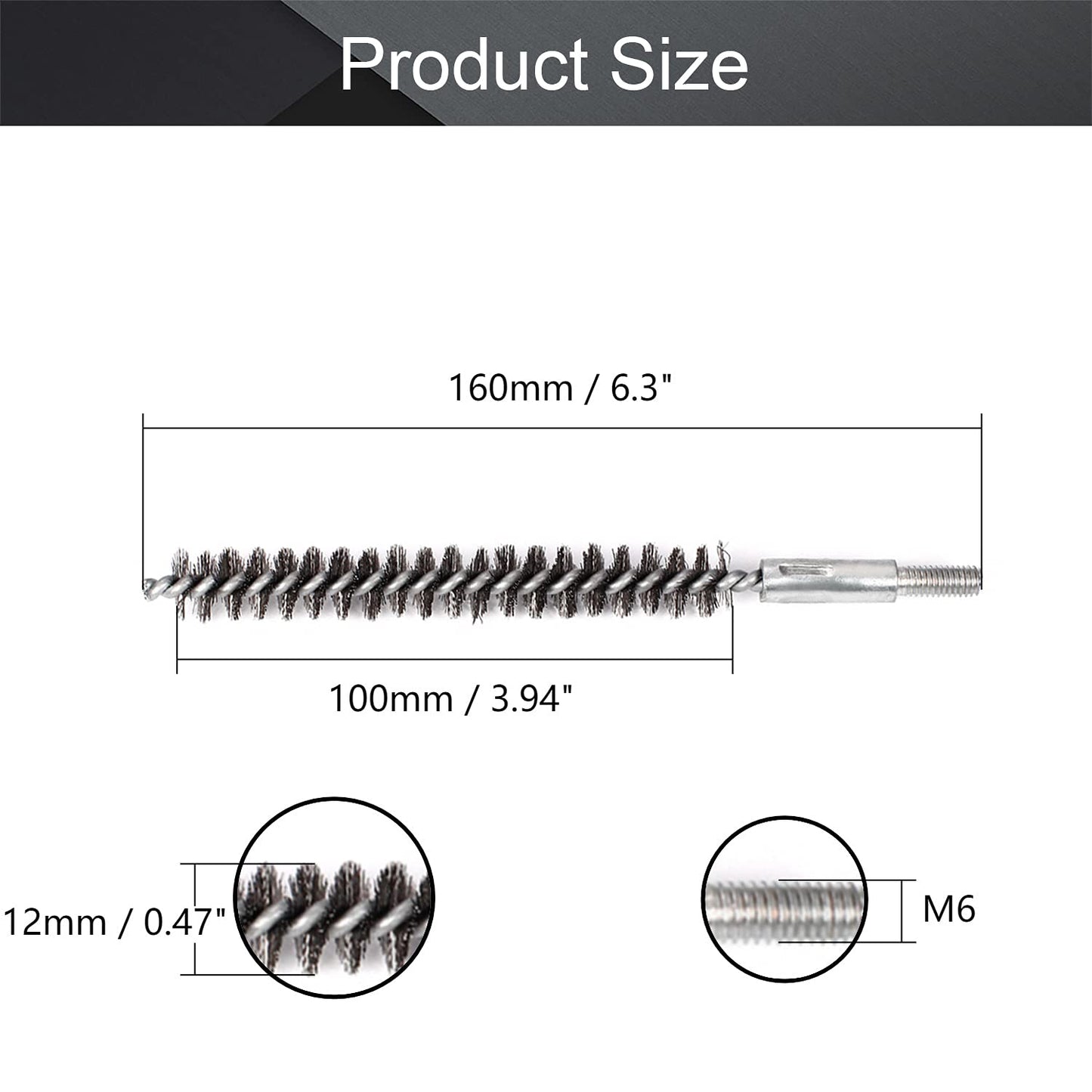 Utoolmart Stainless Steel Wire Tube Cleaning Brush, Round Chimney Cleaning Brush, M6 Threaded Interface Cleaning Brush, 12mm Diameter 160mm Length