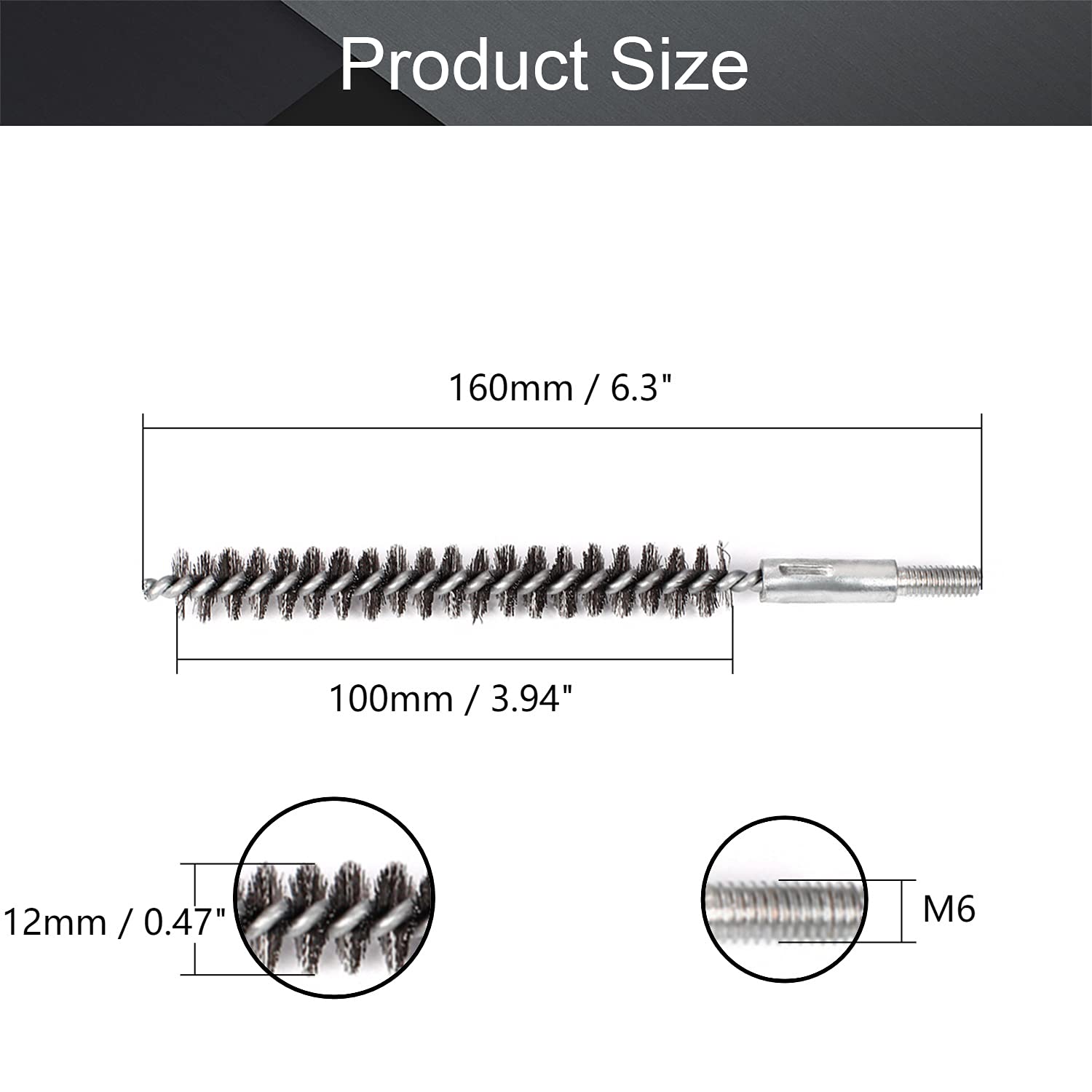 Utoolmart Stainless Steel Wire Tube Cleaning Brush, Round Chimney Cleaning Brush, M6 Threaded Interface Cleaning Brush, 12mm Diameter 160mm Length