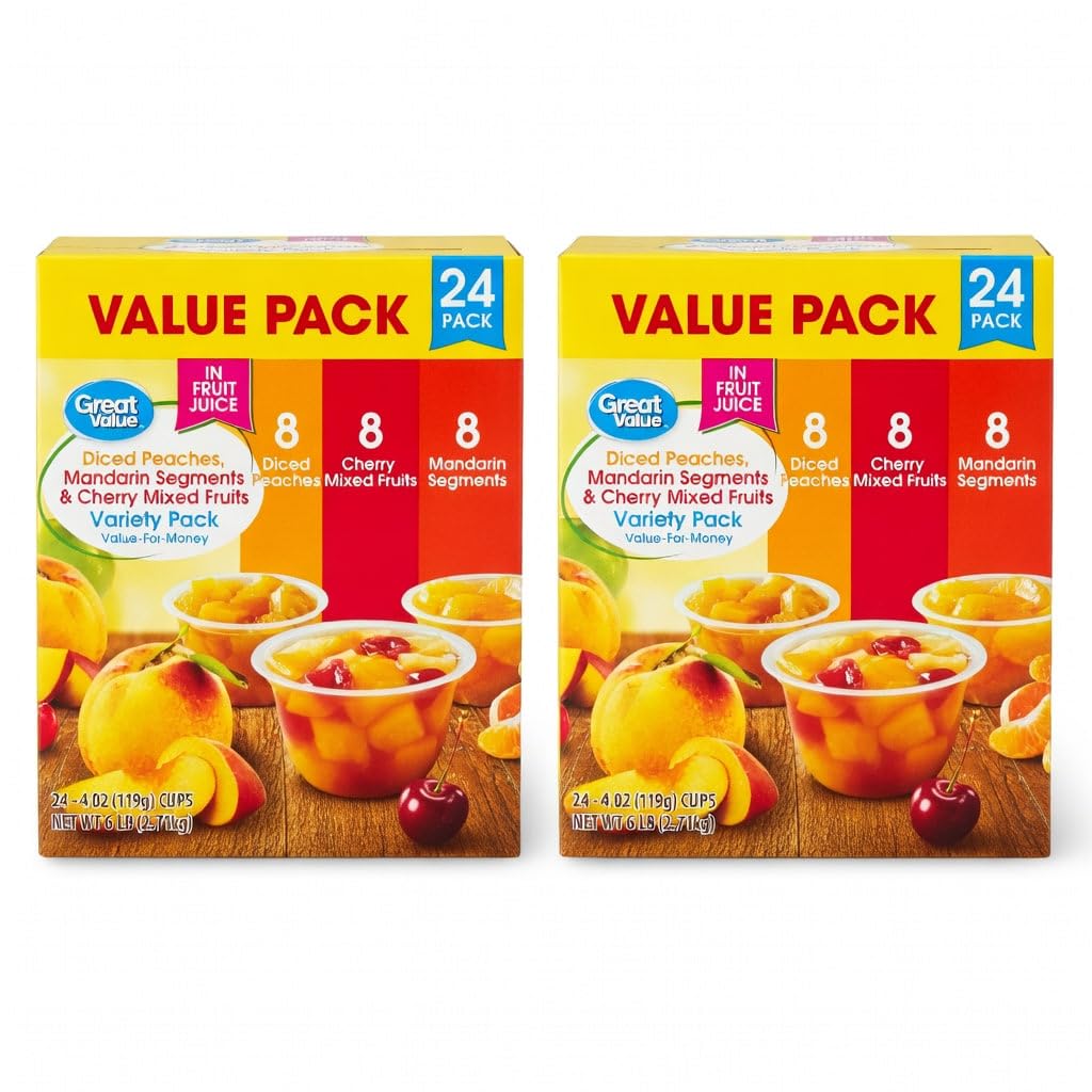 Great Value Fruit Cup Variety Pack, Diced Peaches, Mandarin Segments & Cherry Mixed Fruits in Fruit Juice, 4 oz, 24 Count (Pack of 2)