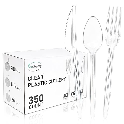 EcoDispose 350 Count Heavy Duty Disposable Silverware, BPA-Free Plastic Cutlery Set - 200 Forks, 100 Spoons, 50 Knives for Parties, Weddings, Catering
