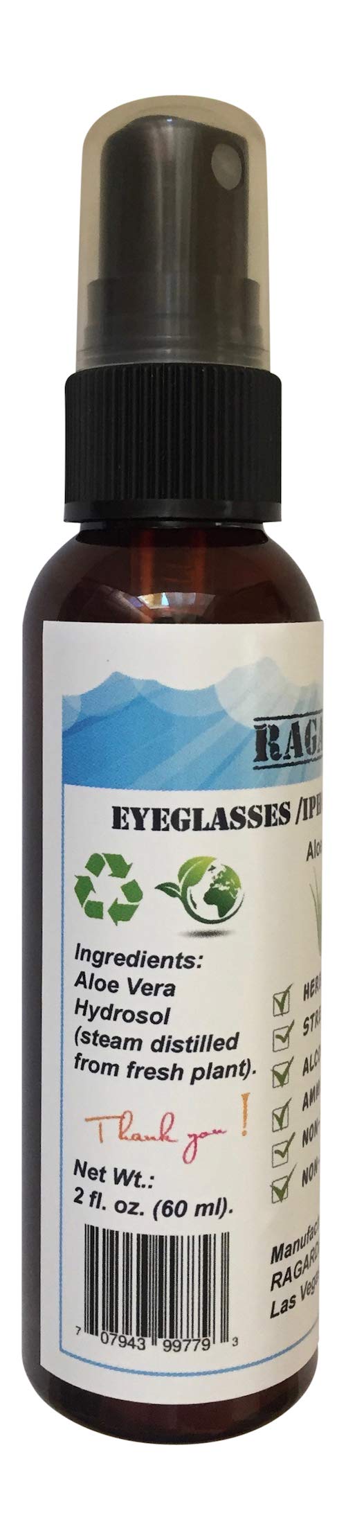 RAGARDEN Eyeglasses/iPhone/iPad Cleaner. Aloe Vera Floral Water. 2 oz Spray Bottle.