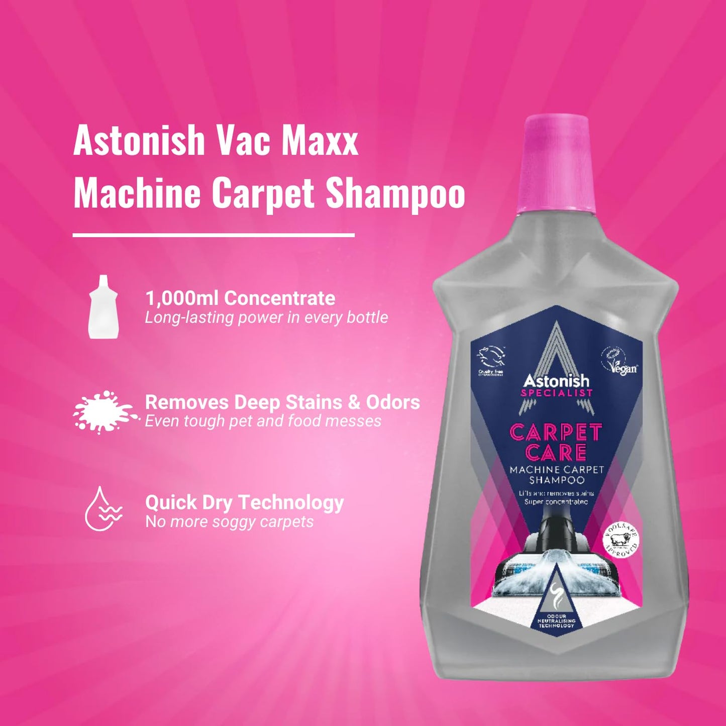 Astonish Specialist Machine Carpet Cleaner 1000ml Solution - Deep Odor Lifting Shampoo for Wool & Synthetic Rugs - Stain Remover Concentrate for Major