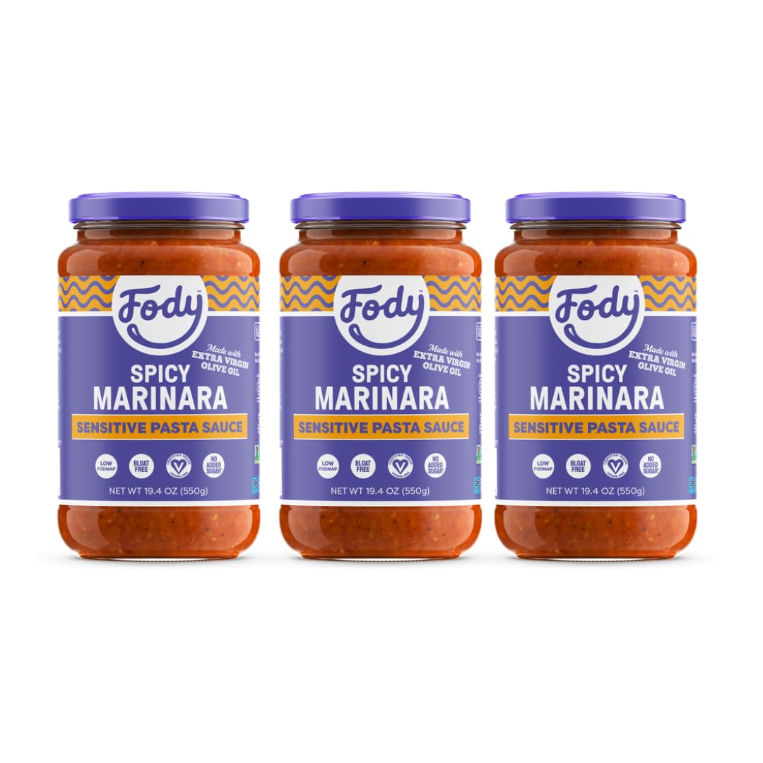 Fody Foods Spicy Marinara Pasta Sauce, 19.4 Oz (Pack of 3), Garlic and Onion Free, Low FODMAP Certified, Gut & IBS Friendly, Vegan, Non-GMO, Gluten