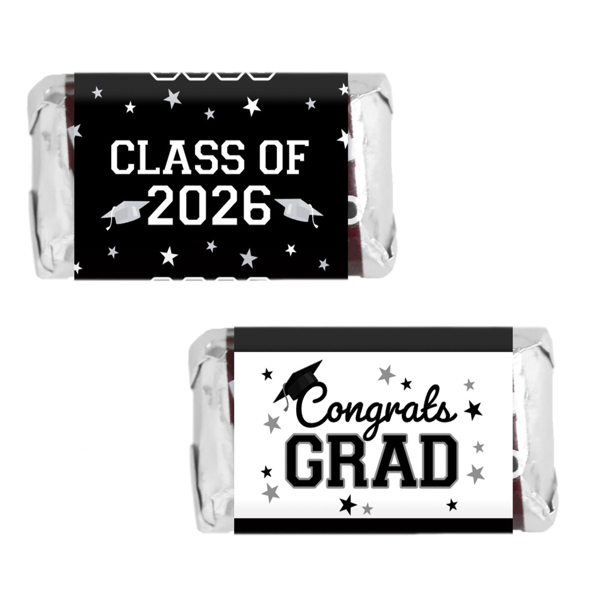 Black White Class of 2026 Graduation Mini Candy Bar Wrappers, 42 Count