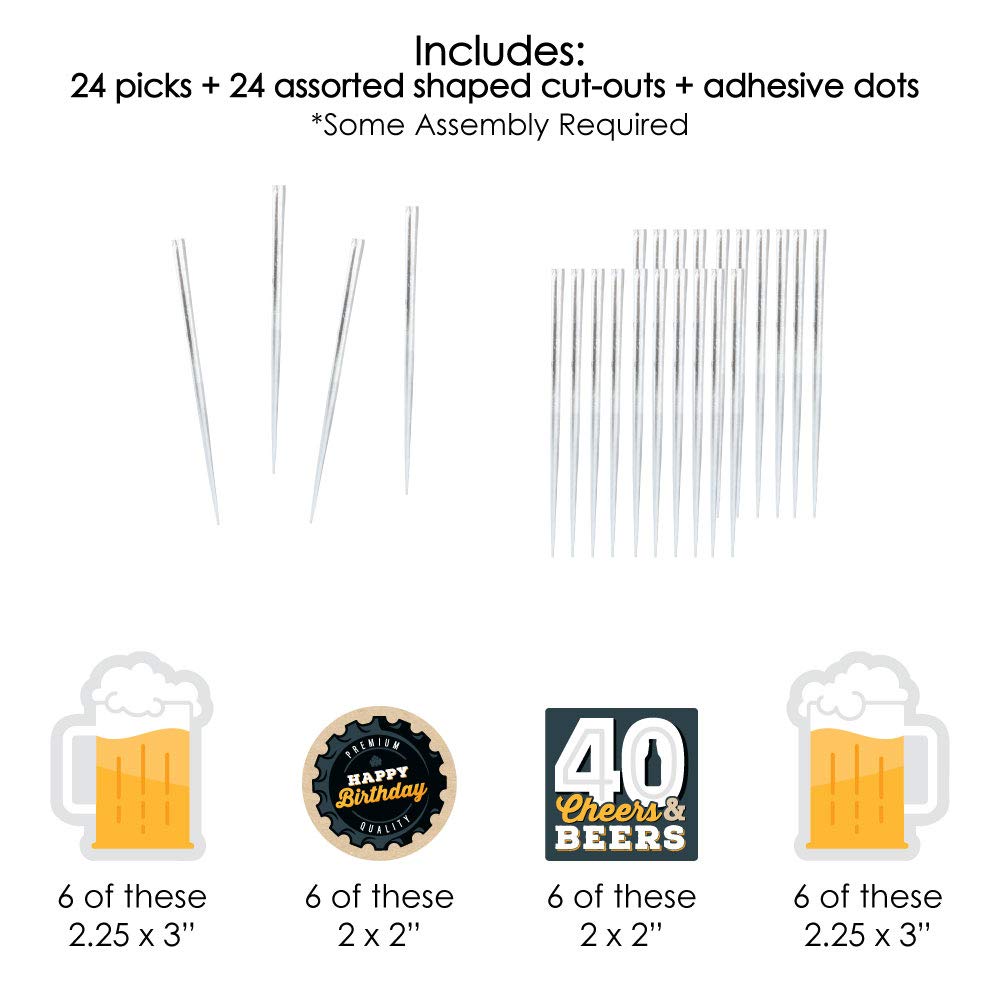 Big Dot of Happiness Cheers and Beers to 40 Years - Dessert Cupcake Toppers - 40th Birthday Party Clear Treat Picks - Set of 24