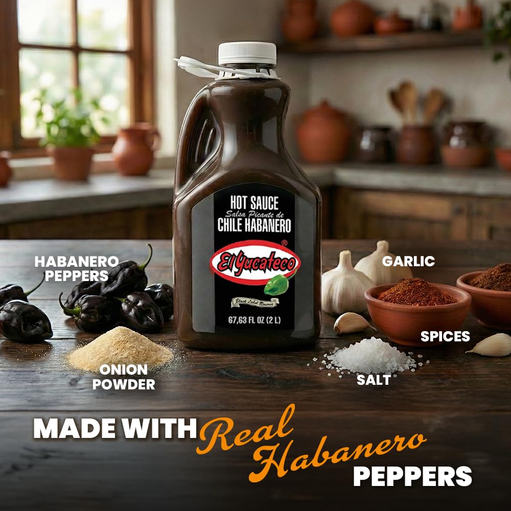 El Yucateco Black Label Reserve Habanero Hot Sauce, Smoky Chile Habanero Flavor, 4 oz Bottles (Half Gallon)