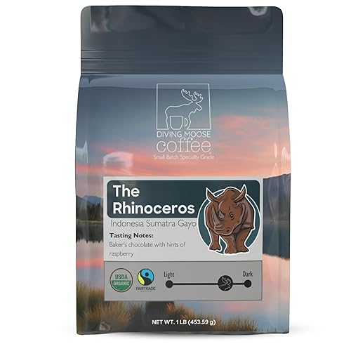 Diving Moose Coffee - The Rhinoceros Sumatra Gayo USDA Organic Medium Dark Roast (16oz / 1 LB) - Bakers Chocolate Raspberry Specialty Grade 100%