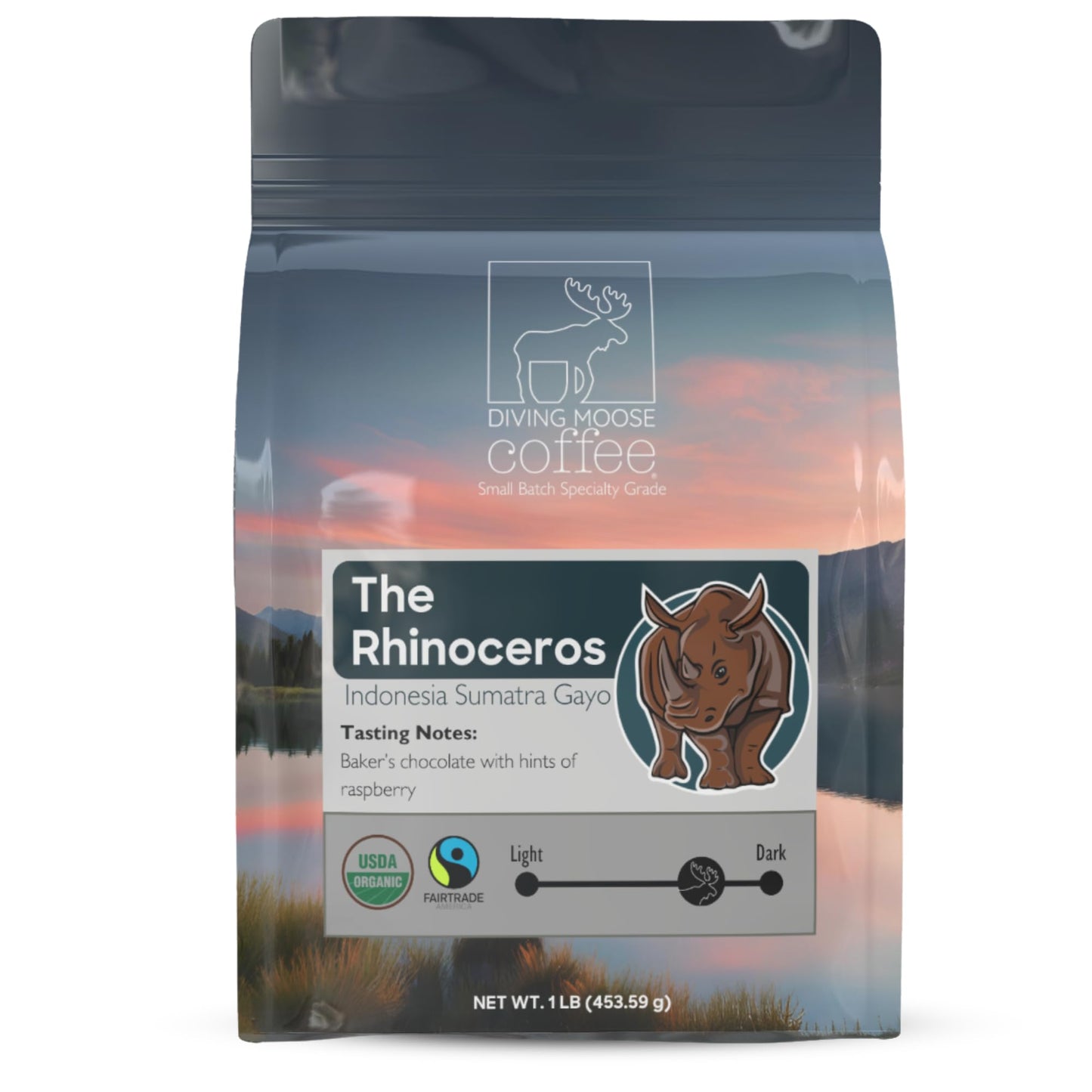Diving Moose Coffee - The Rhinoceros Sumatra Gayo USDA Organic Medium Dark Roast (16oz / 1 LB) - Bakers Chocolate Raspberry Specialty Grade 100%