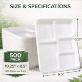 5-Compartment Compostable Plates for Easy Cleanup - Compartment Tray for Portion Control & Mess-Free Meals - 10.25×8.5 In Disposable Bagasse Paper