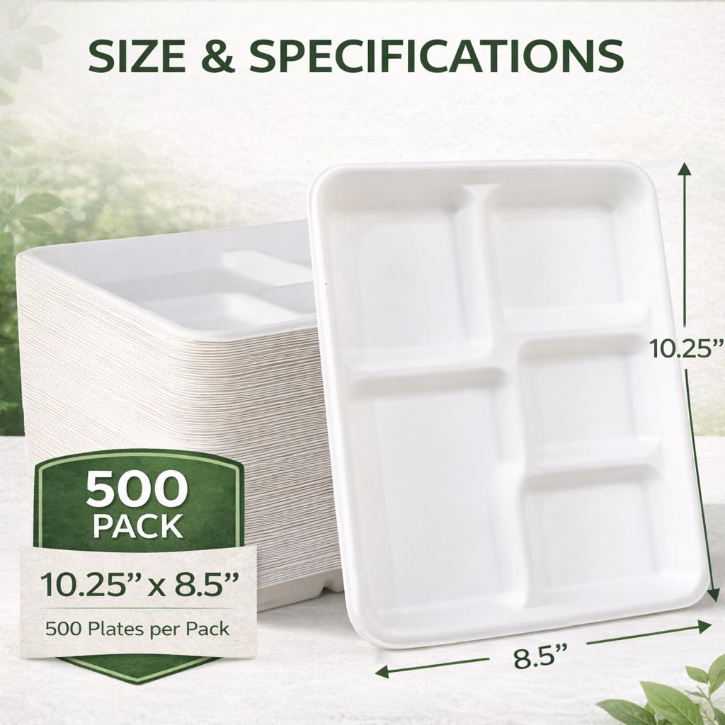 5-Compartment Compostable Plates for Easy Cleanup - Compartment Tray for Portion Control & Mess-Free Meals - 10.25×8.5 In Disposable Bagasse Paper