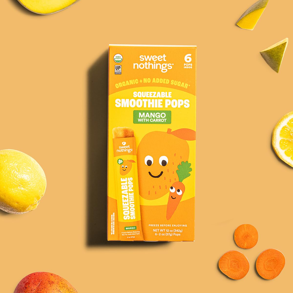 Sweet Nothings, Mango, USDA Organic Kids' Squeezable Super Fruit Smoothie Pops, Pack of 6 - Dye-Free, No Added Sugar, Dairy-Free, Vegan, Healthy