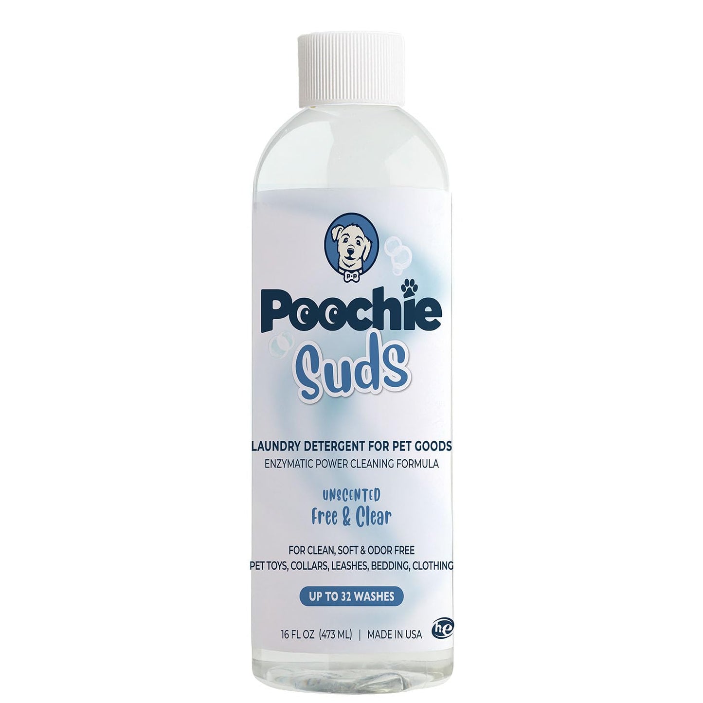 Poochie Suds Pet Laundry Detergent, Enzyme Cleaner and Odor Remover, Hypoallergenic and Fragrance-Free Pet Safe Detergent for Dog and Cat Bedding