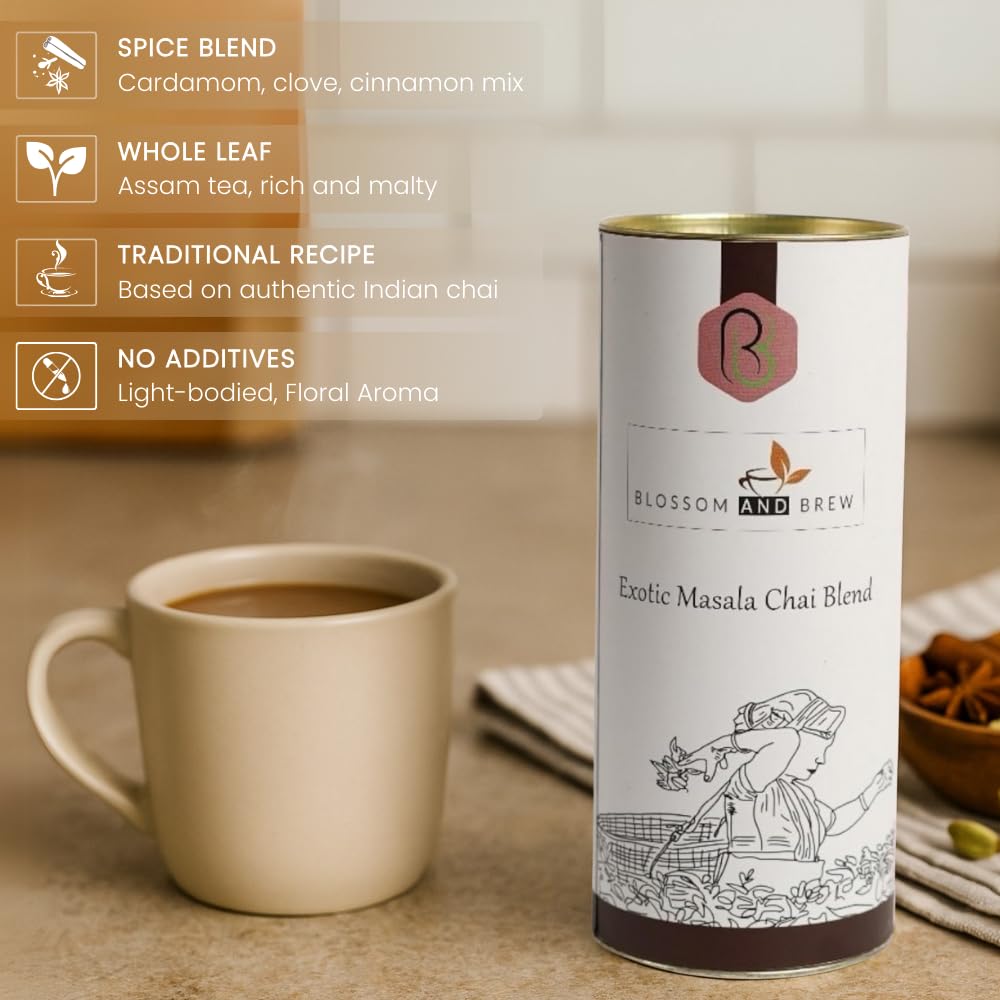 Blossom & Brew Exotic Masala Chai Blend(8.81oz)- Signature Indian Spiced Tea - Black Whole Leaf with Cardamom, Ginger, Clove, Cinnamon & Black Pepper
