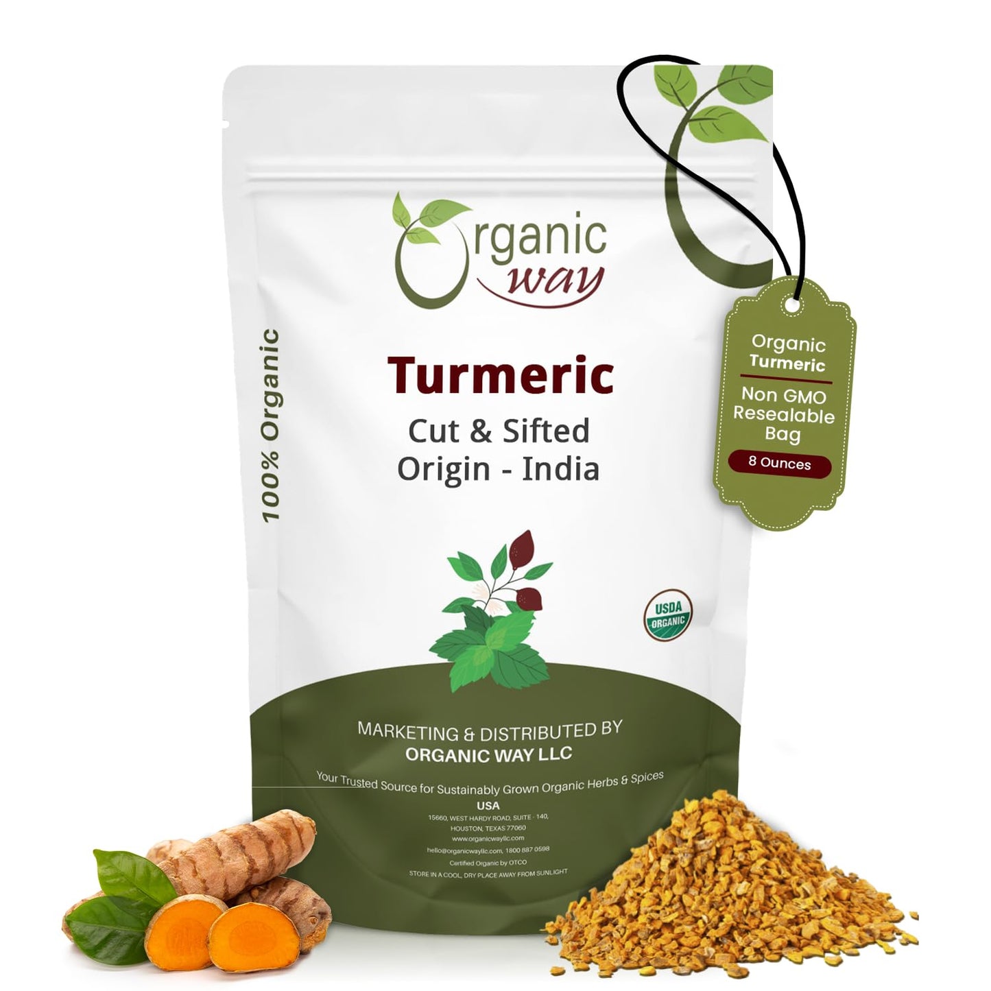 Organic Way Turmeric Root Cut & Sifted (Curcuma Longa) - Herbal Tea | Kosher & USDA Certified | Vegan, Non-GMO & Gluten Free | Tested for Heavy Metal