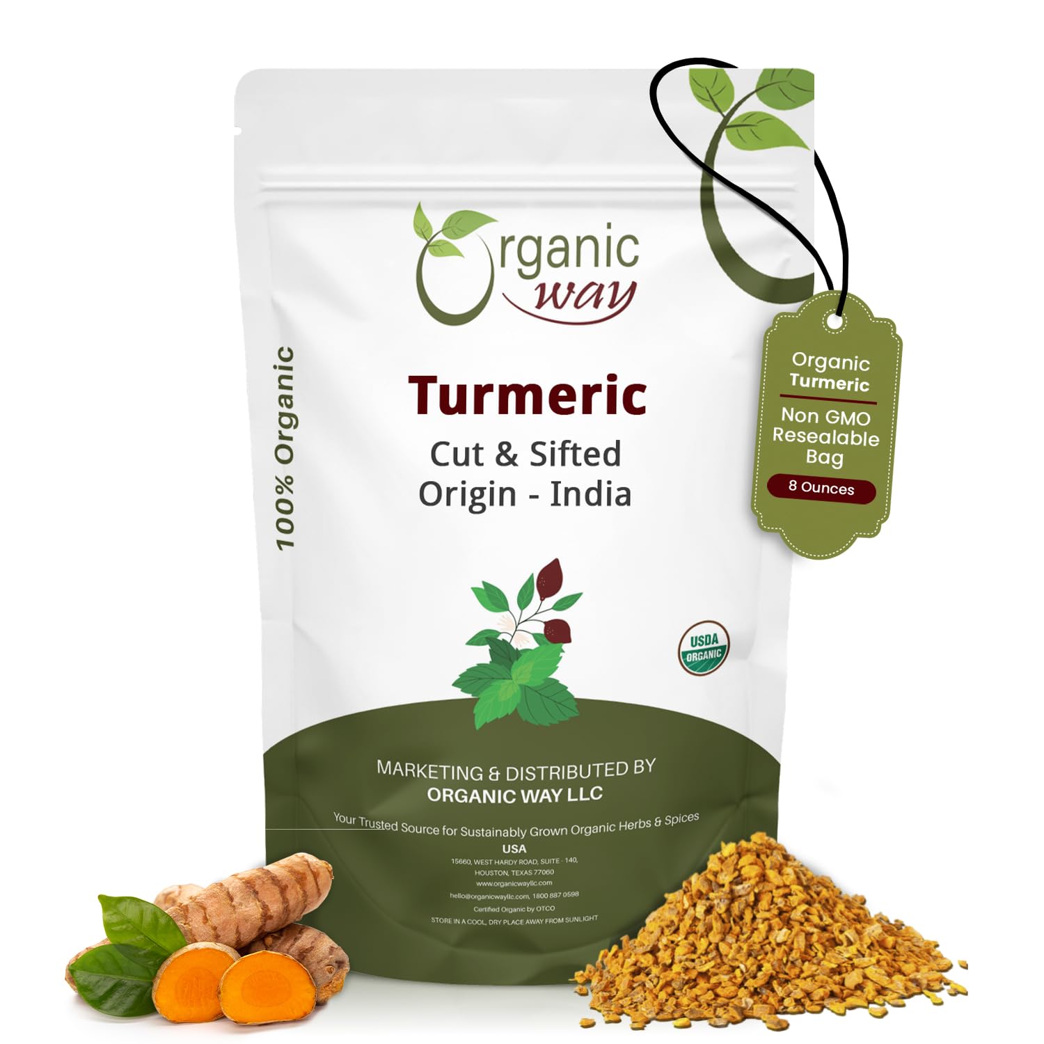 Organic Way Turmeric Root Cut & Sifted (Curcuma Longa) - Herbal Tea | Kosher & USDA Certified | Vegan, Non-GMO & Gluten Free | Tested for Heavy Metal