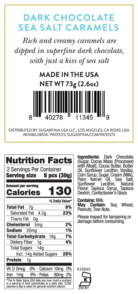 Sugarfina Dark Chocolate Sea Salt Caramels Small Candy Cube, Chocolate Bites, 2.6 oz, 6 Count