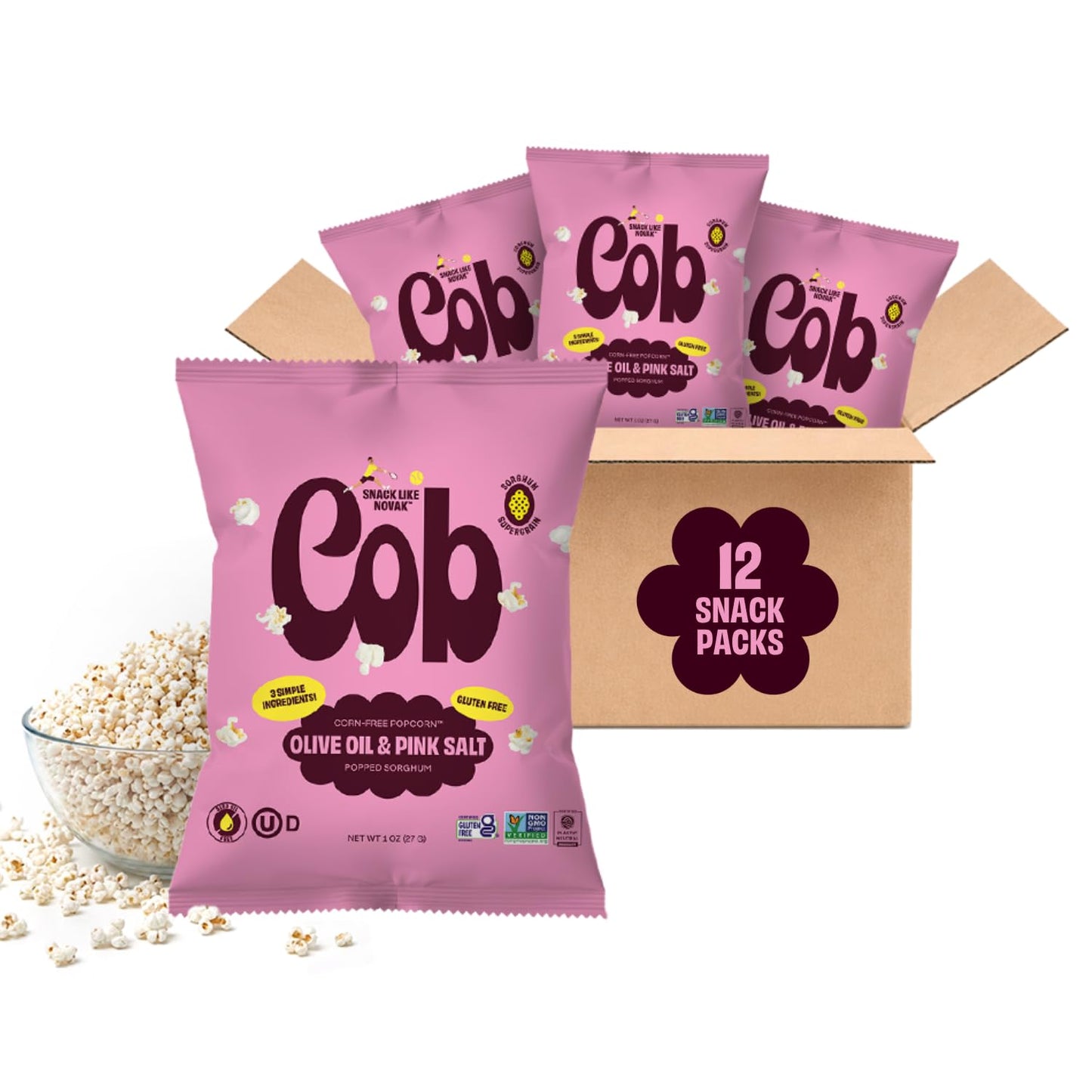 Cob Olive Oil & Pink Salt Popped Sorghum, 12-Pack (1 oz. bags) | Corn-Free Popcorn Alternative | Seed Oil Free | Non-GMO, Gluten-Free, Vegan & Kosher